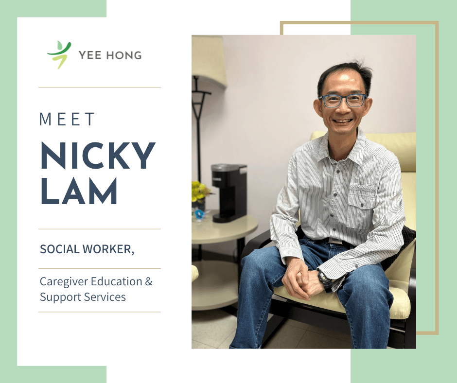 An image of Nicky Lam. He is smiling and sitting on a cream coloured chair wearing a white and grey striped shirt and blue jeans. Text reads Meet Nicky Lam social worker, caregiver education and support services. 